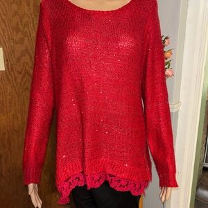 Signature Studio Petites Red Sparkly Lace Trim Sweater PXL